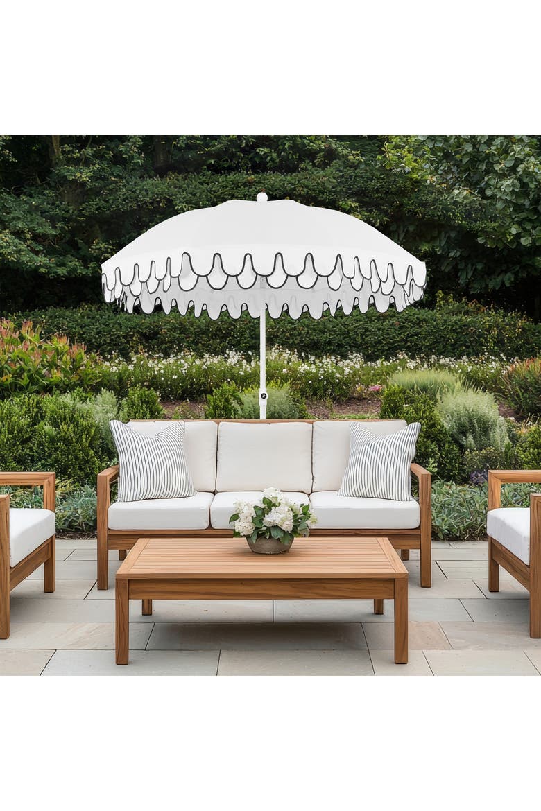 Horizon Coastal Scalloped Edge Beach Umbrella with Fringe, Push-Button Tilt, UV 50 Outdoor Canopy and Portable Carry Bag, Alternate, color, White - White Pole