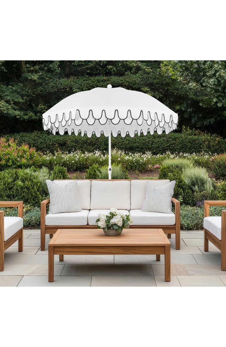 JONATHAN Y Horizon 6.5 ft. Classic MidCentury Scalloped Fringe Market Beach Umbrella with Push-Button Tilt, Alternate, color, White - White Pole