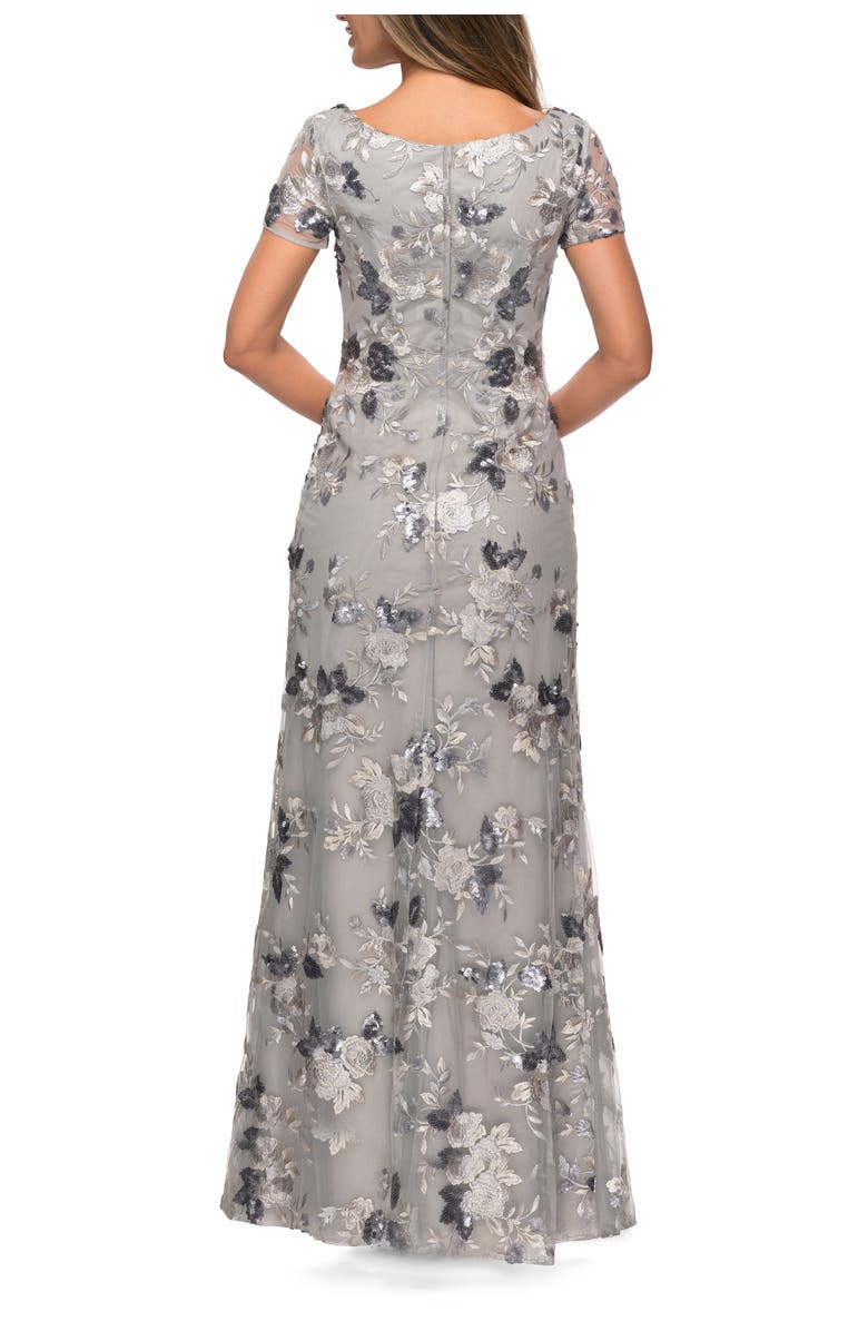 La Femme Floral Short Sleeve Formal Dress with Scoop Neck, Alternate, color, Silver