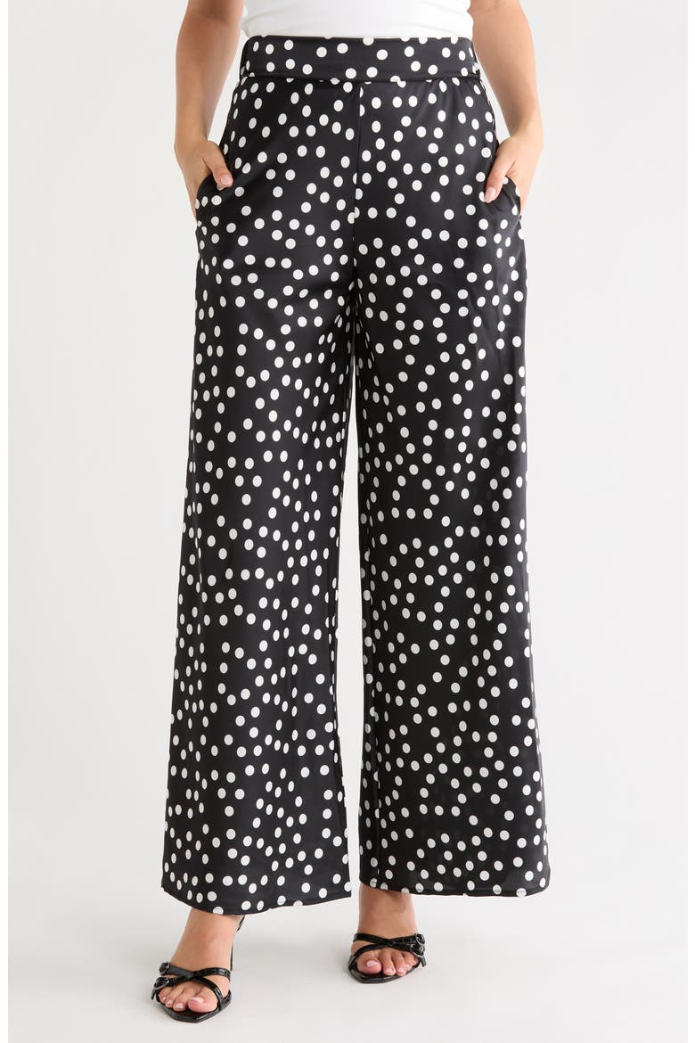 Polka Dot Satin Wide Leg Pants, Main, color, BLACK