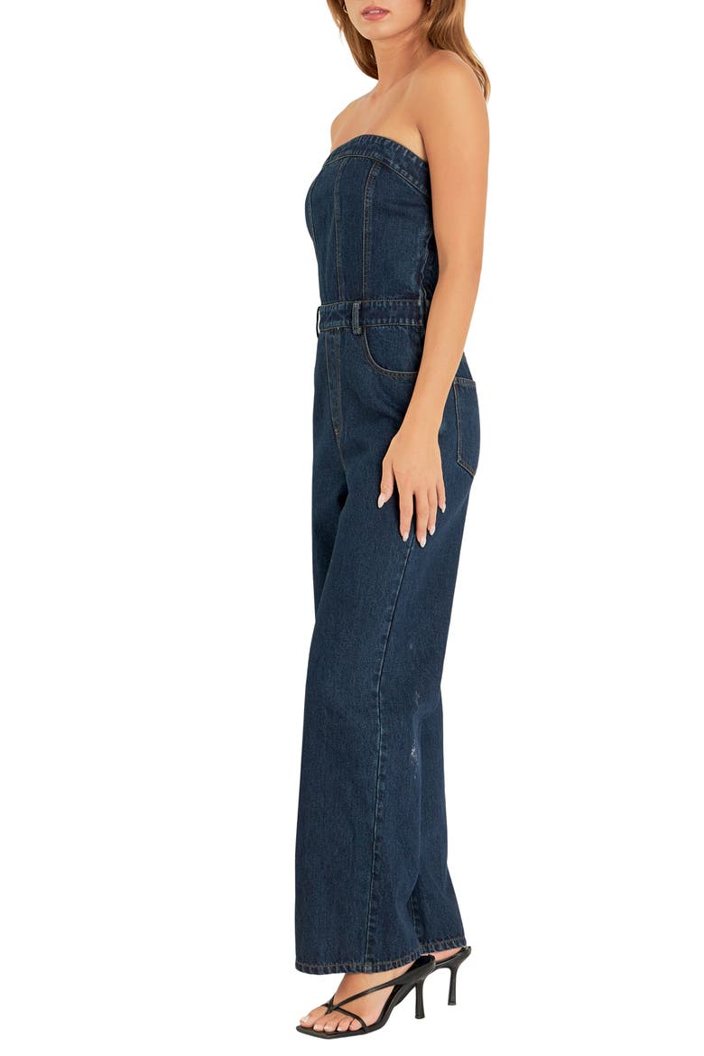 Strapless Corset Denim Jumpsuit, Alternate, color, NAVY