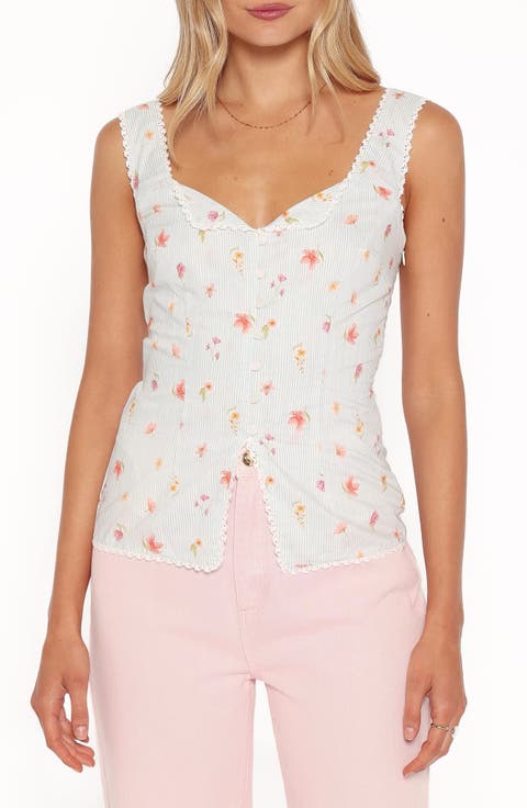 Ana Floral Embroidered Lace Trim Split Front Top