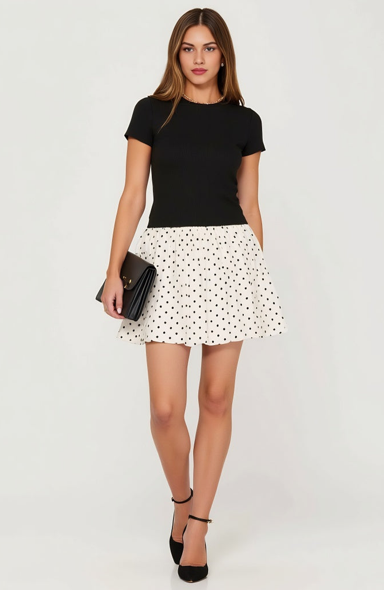 Modenaire Fitted Knit Bodice Short Sleeve Dress with Polka Dot Bubble Skirt, Alternate, color, Black / White