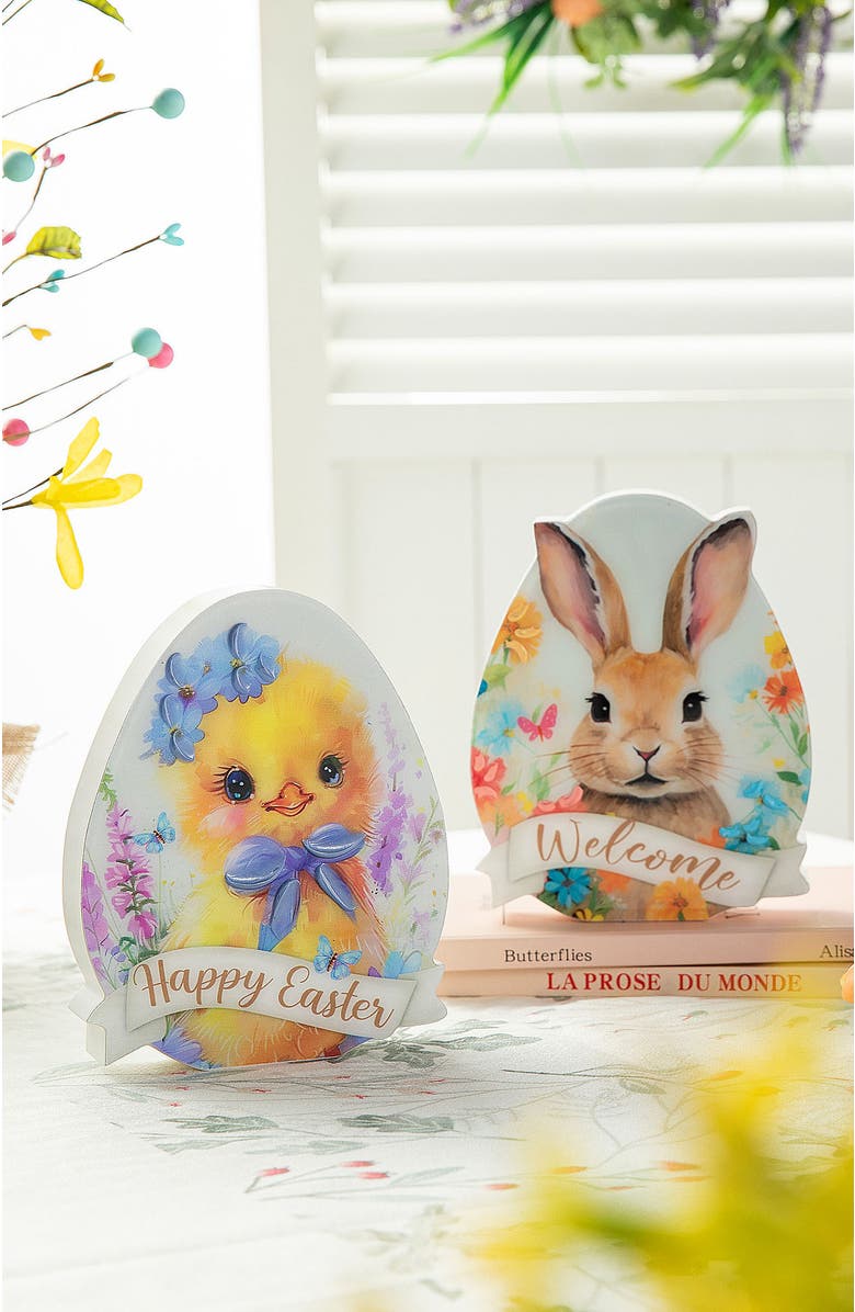 Glitzhome Set of 2 Easter Wooden & Epoxy Egg Chick Table Decor, Alternate, color, Pink