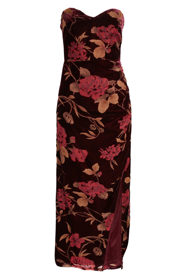 Exquisite Floral Velvet Burnout Strapless Gown, Alternate, color, PLUM PURPLE FLORAL PRINT