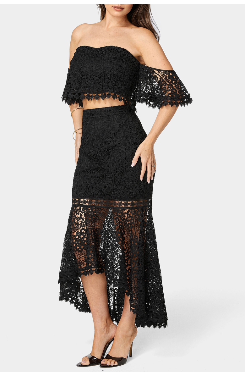 bebe Two Piece Lace High Low Dress, Alternate, color, Black