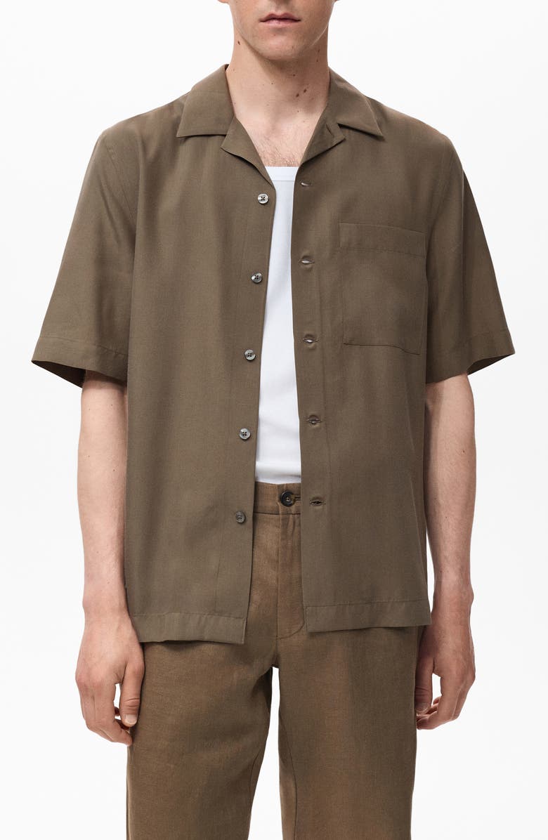 MANGO Regular Fit Short Sleeve Tencel<sup>™</sup> Lyocell Button-Up Shirt, Main, color, Brown