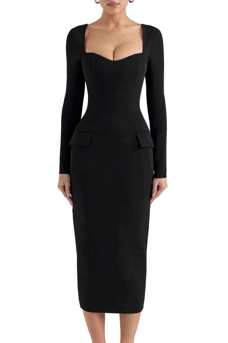Ella Long Sleeve Midi Dress, Alternate, color, BLACK