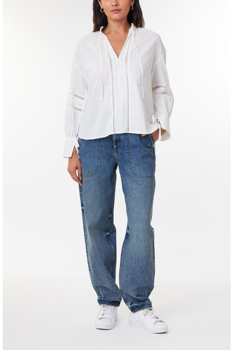 Lace Inset Tie Neck Cotton Top, Alternate, color, WHITE