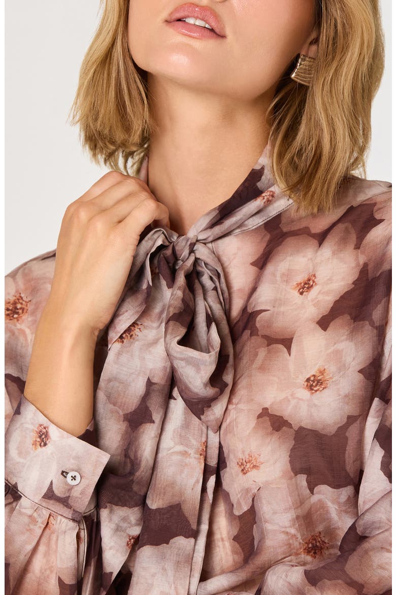 Floral Tie Neck Top, Alternate, color, BROWN FLORAL