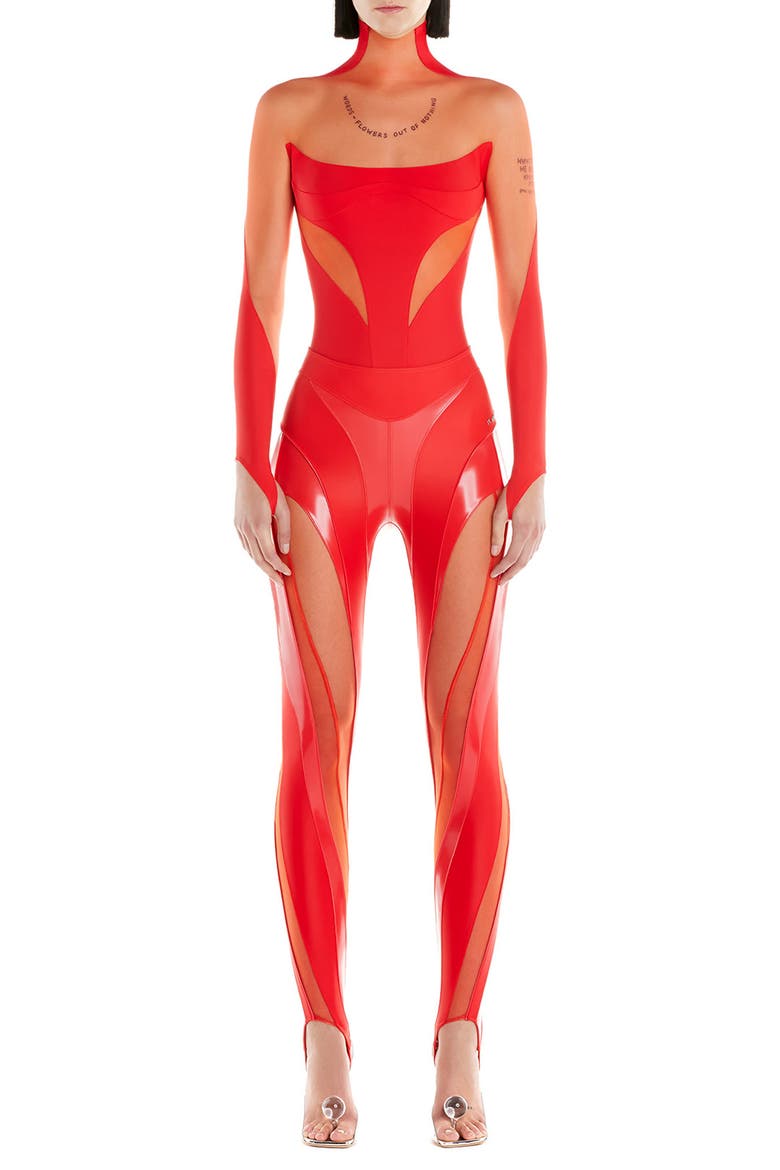 Illusion Off the Shoulder Bodysuit, Main, color, B3333 RED / RED