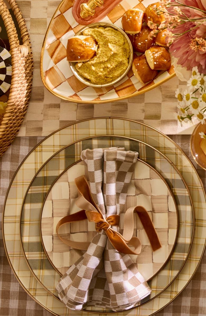 MACKENZIE CHILDS Mocha Check Set of 4 Enameled Steel Appetizer Plates, Alternate, color, Mocha