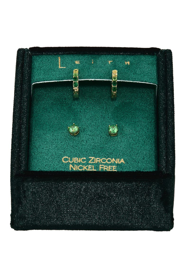Set of 2 Cubic Zirconia Stud & Huggie Hoop Earrings, Main, color, GREEN MULTI- GOLD