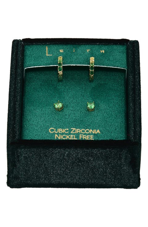 Set of 2 Cubic Zirconia Stud & Huggie Hoop Earrings