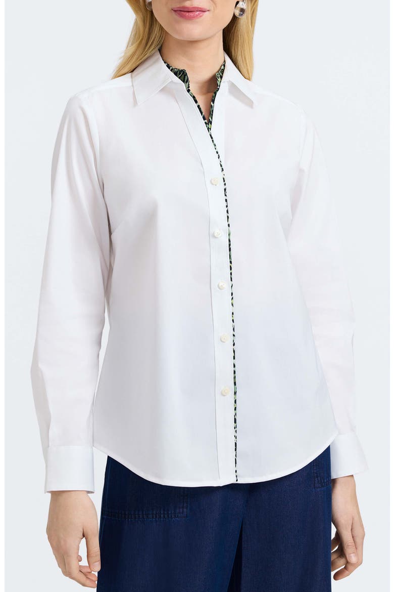 Marlee Leopard Trim Cotton Blend Button-Up Shirt, Main, color, WHITE