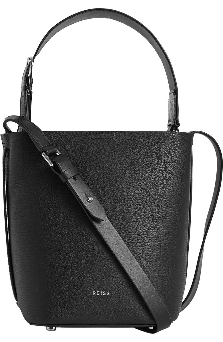 Reiss Hudson Mini Snakeskin Trim Leather Bucket Bag, Main, color,