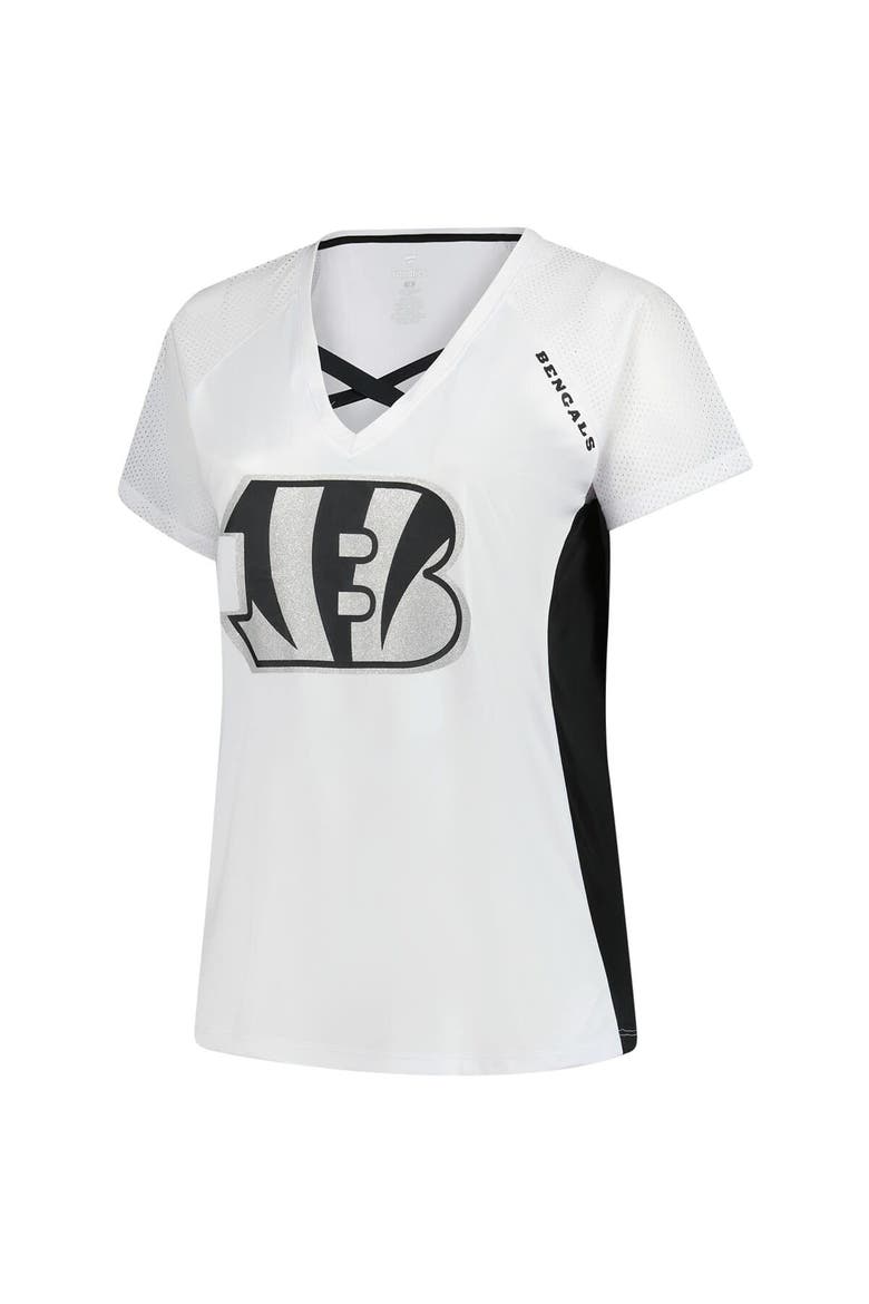 Women's Fanatics  White Cincinnati Bengals Plus Size Glitter Lace-Up V- Neck T-Shirt, Alternate, color, White
