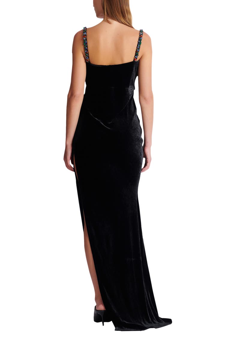 Long velvet dress with embellished straps, Alternate, color, black