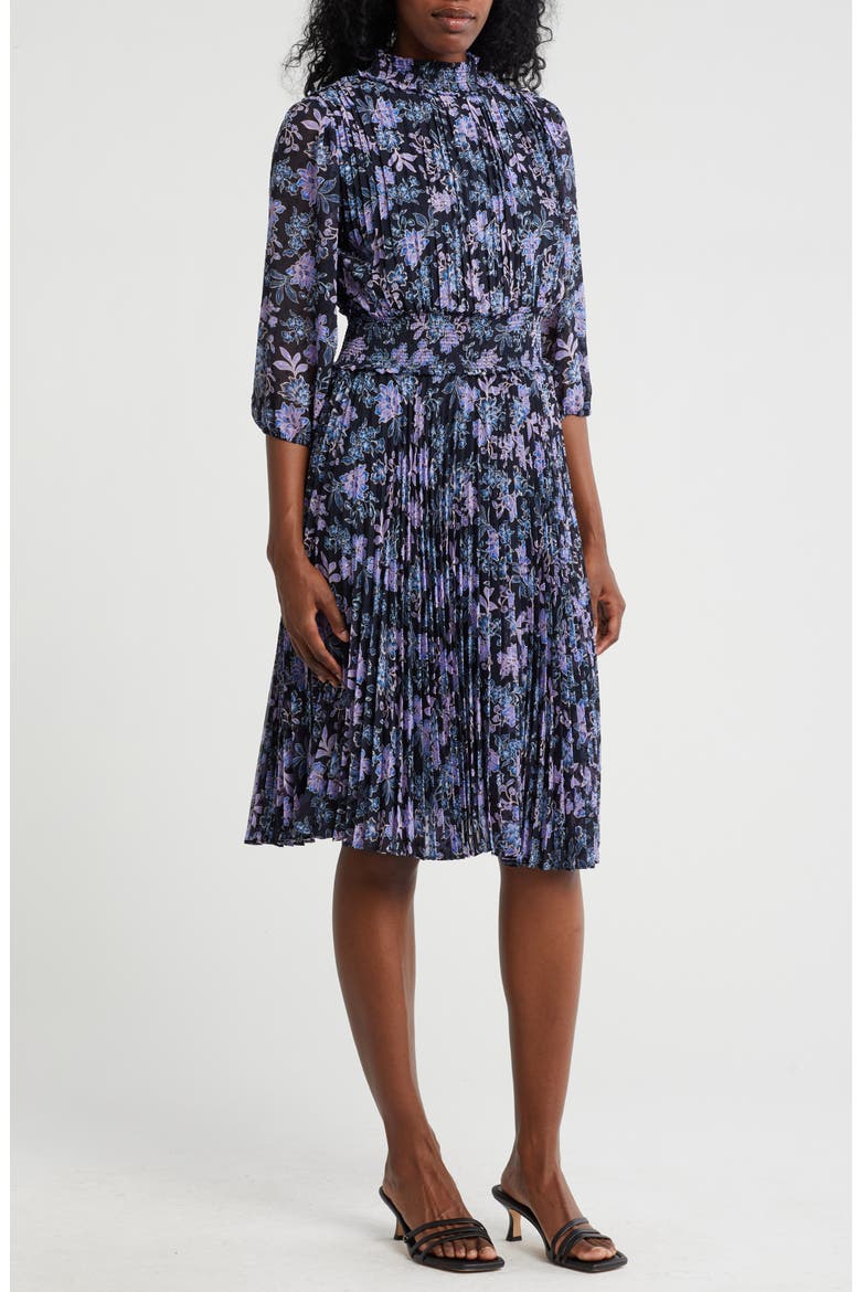 Smocked Mock Neck Three-Quarter Sleeve Midi Dress, Main, color, NAVY 690-3 PRINT