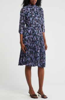 Nanette Lepore Smocked Mock Neck Three-Quarter Sleeve Midi Dress