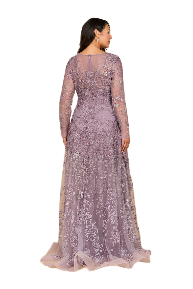 Long Sleeve V-Neck Ombre Lace Gown, Alternate, color, Heather Ombre