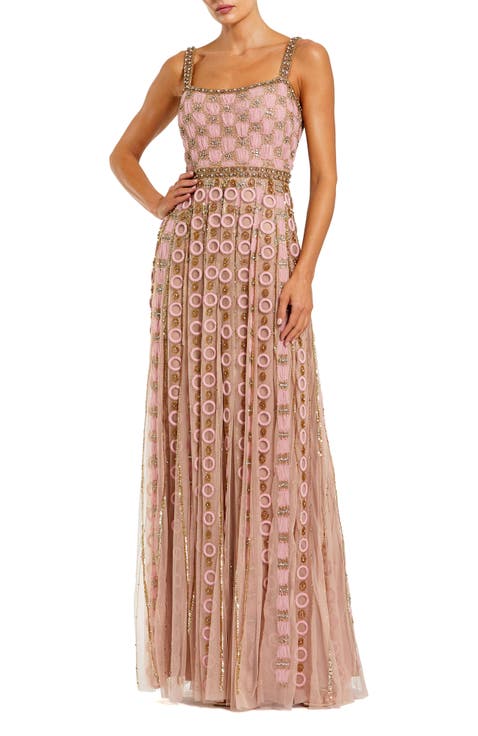 Petite Sleeveless Embellished Mesh A-Line Evening Gown