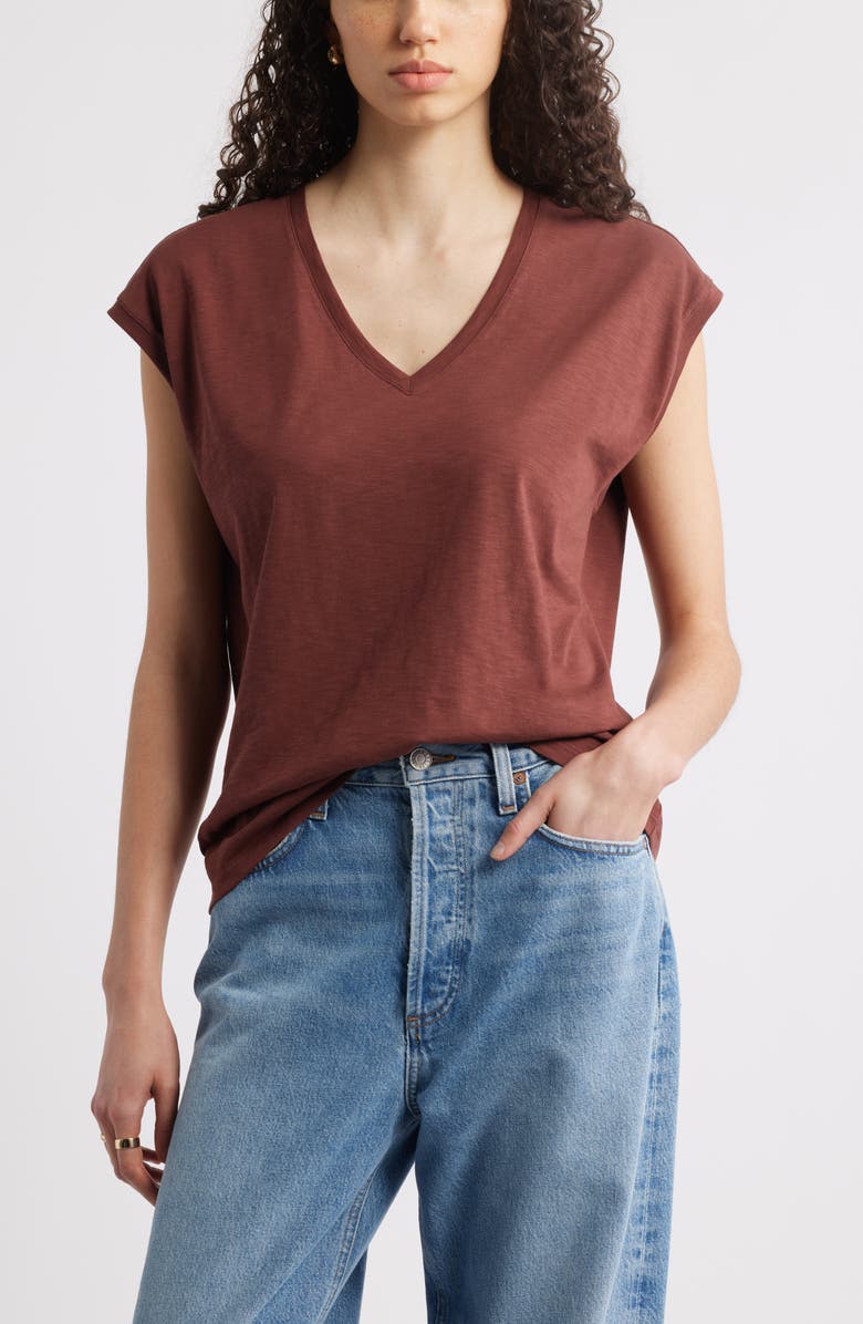 Nordstrom Sleeveless V-Neck Cotton T-Shirt, Main, color, Brown Raisin