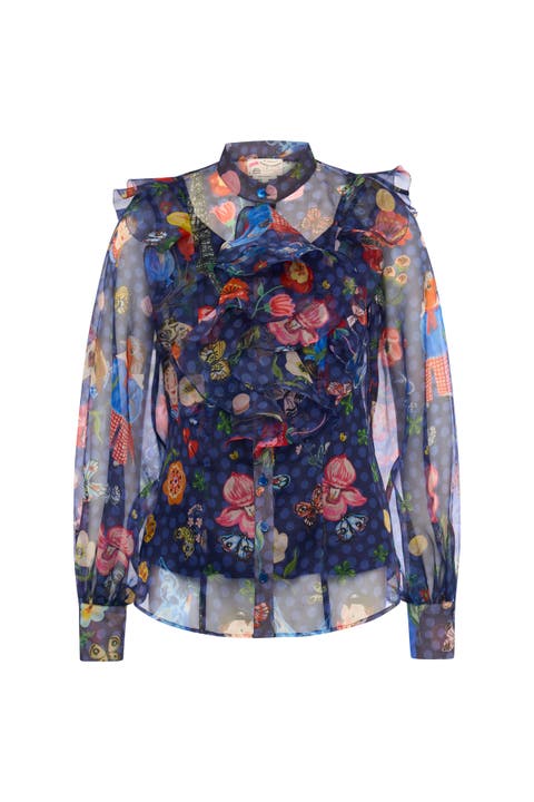 Printed Silk Organza Blouse With Ruffles