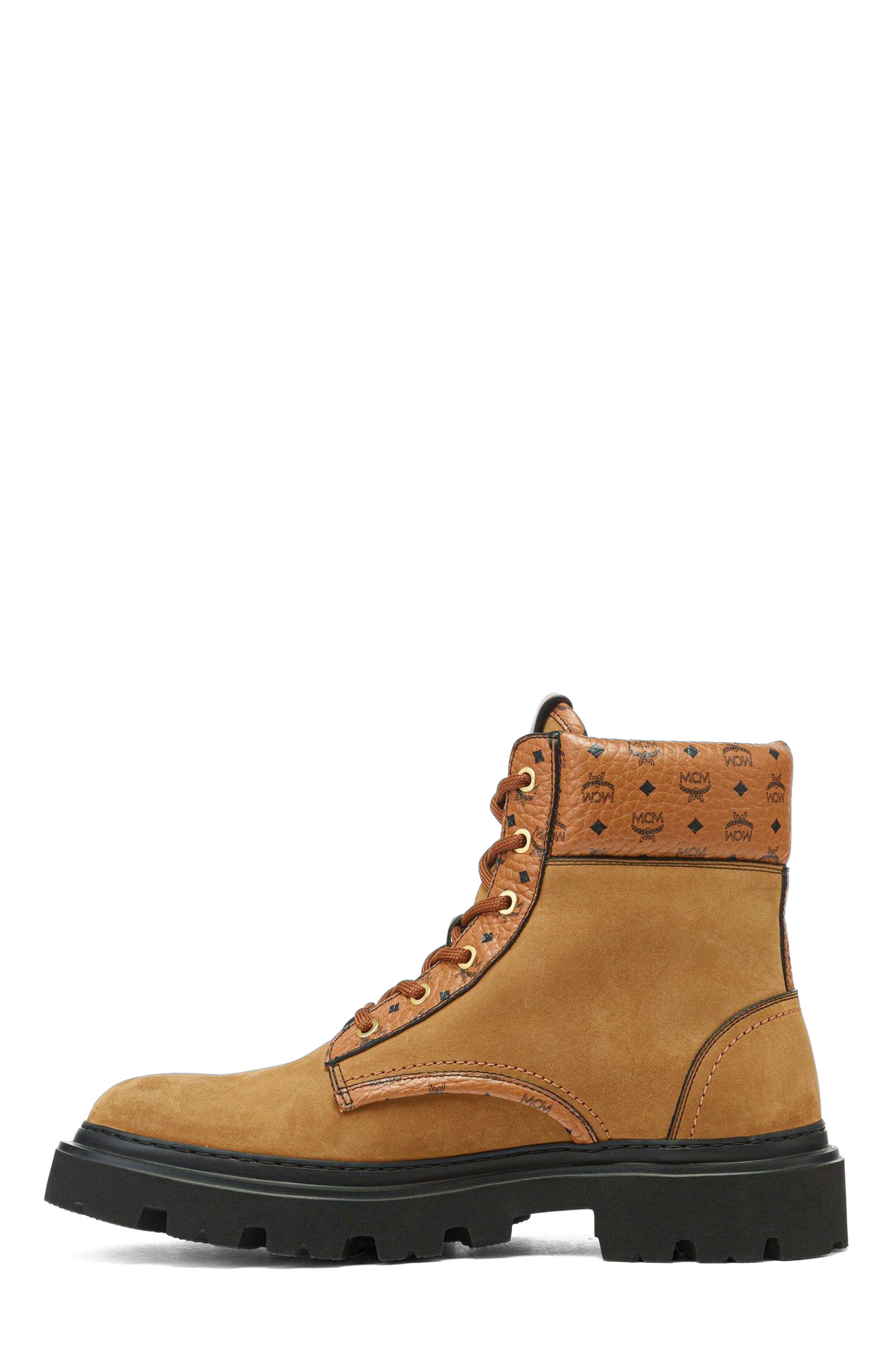 Female Ankle Boots in Nubuck and Monogram Print Leather, Alternate, color, Cognac & Offwhite