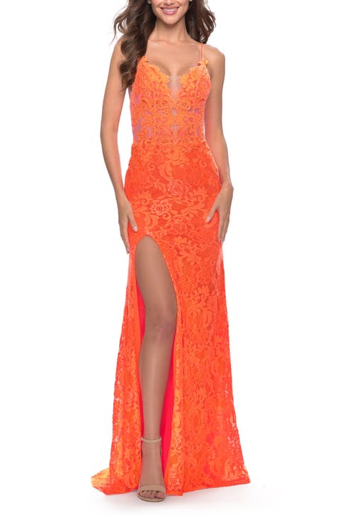 Stretch Lace Prom Dress in Neon Pink