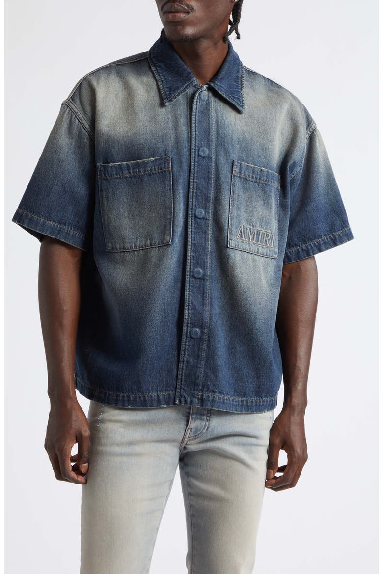 3D Logo Short Sleeve Snap-Up Denim Shirt, Main, color, SANDSTONE