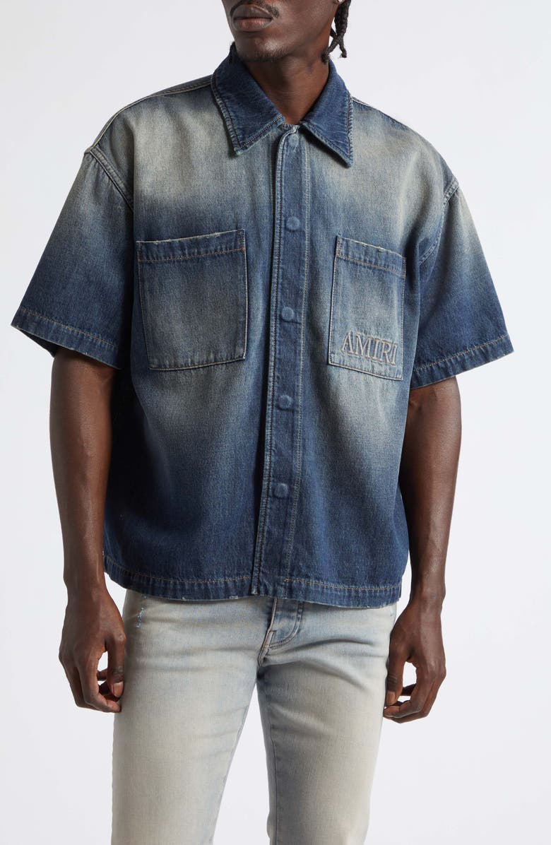 AMIRI 3D Logo Short Sleeve Snap-Up Denim Shirt, Main, color, Sandstone