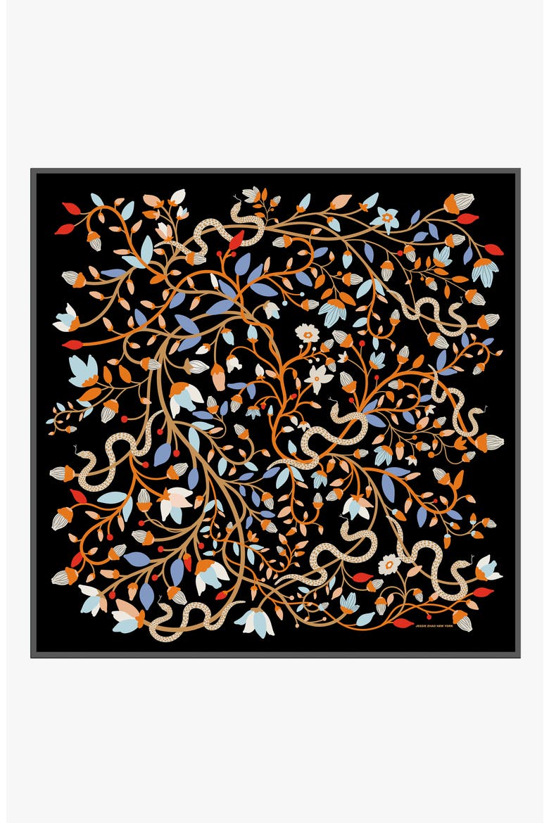 Double Sided Silk Scarf Of Night's Enchanted Garden, Main, color, Black