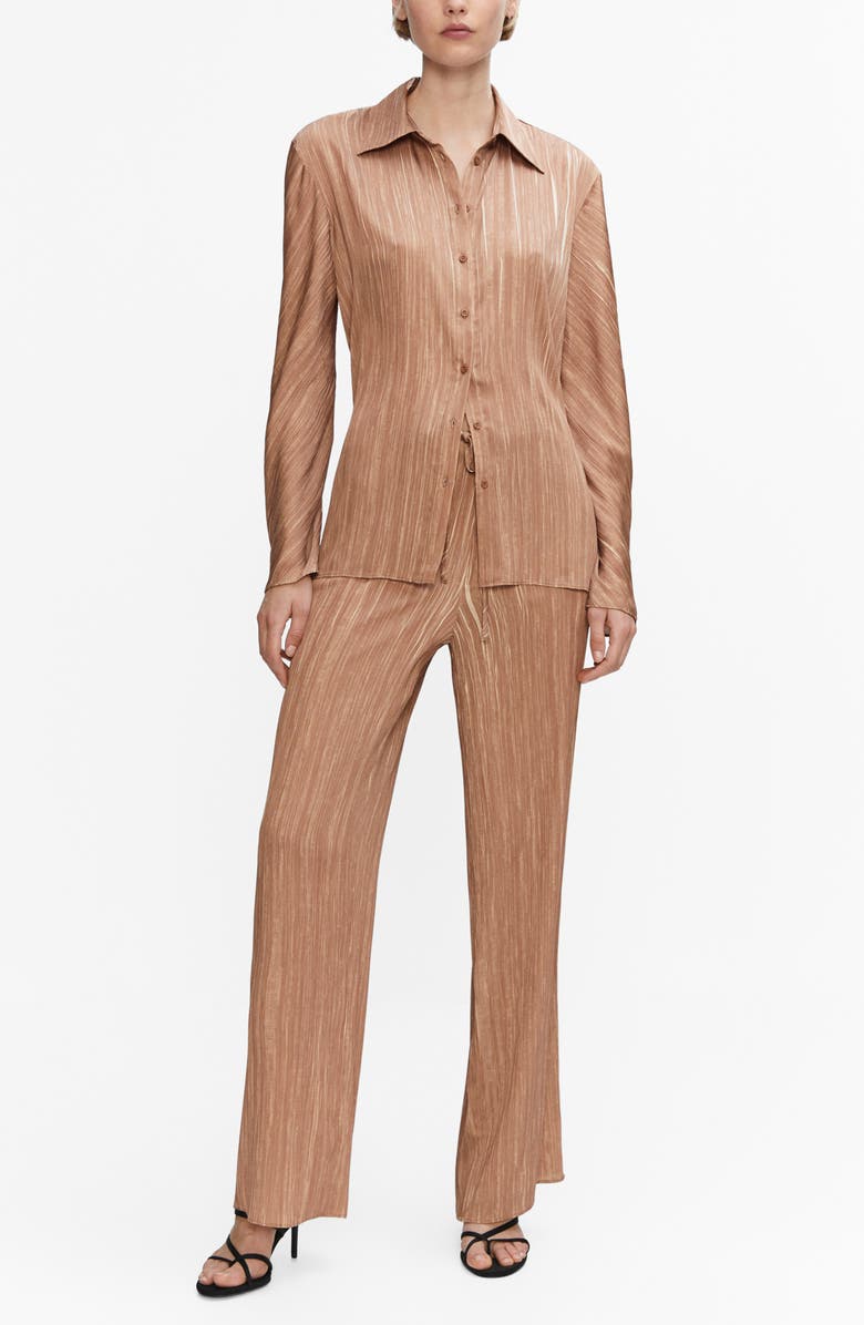 MANGO Pleated Satin Button-Up Shirt, Alternate, color, 