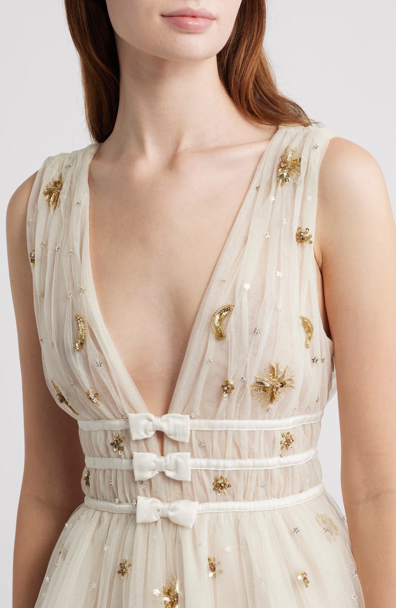 LoveShackFancy Lawton Embellished Tulle Minidress, Alternate, color, Lunar Gold