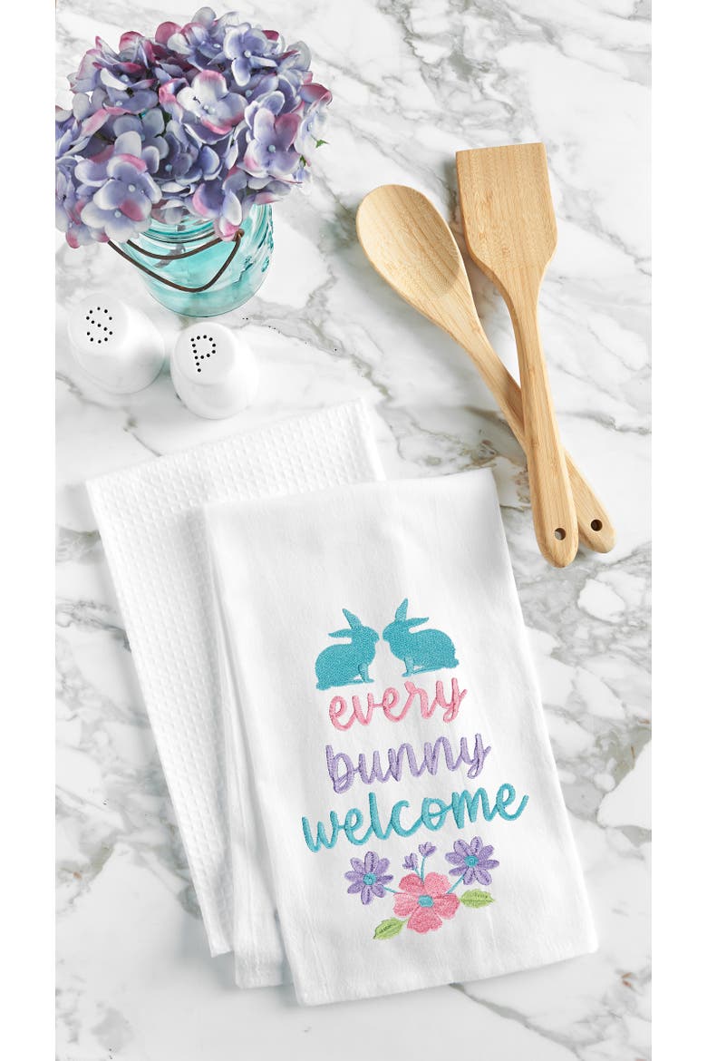 "Every Bunny Welcome" Spring Easter Rabbit Embroidered Cotton Flour Sack Kitchen Dishtowel, Alternate, color, White