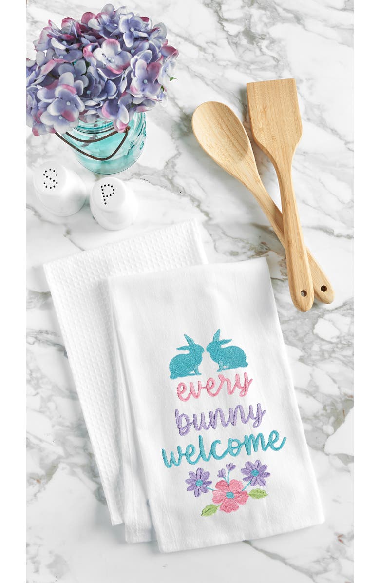 C&F Home "Every Bunny Welcome" Spring Easter Rabbit Embroidered Cotton Flour Sack Kitchen Dishtowel, Alternate, color, White