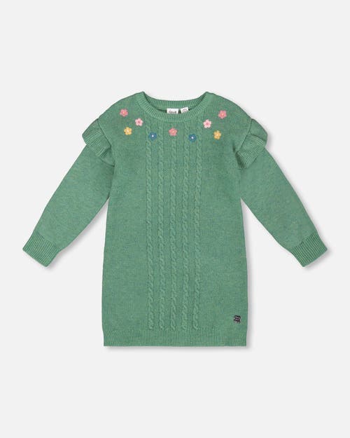 Deux Par Deux Knitted Dress With Ruffles And Floral Embroidery In Green