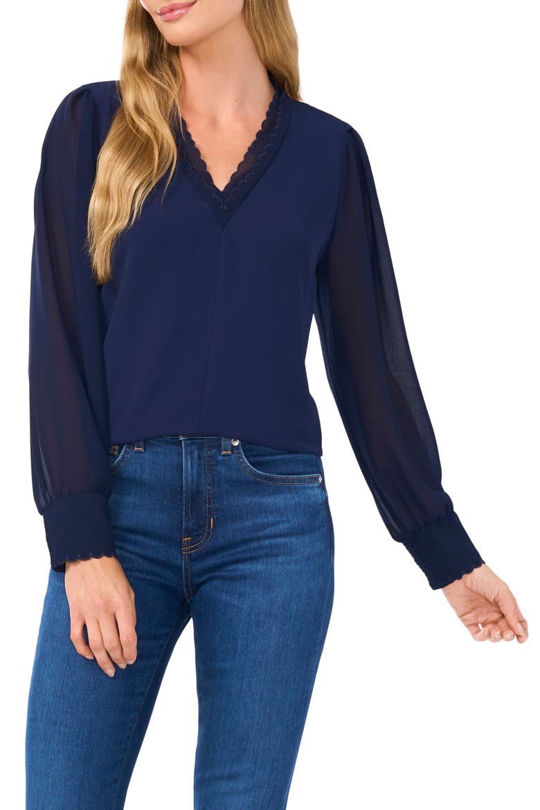 Scallop Detail Georgette Top, Main, color, CLASSIC NAVY