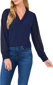 CeCe Scallop Detail Georgette Top