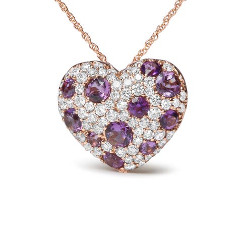 Gold 3/4 Cttw Diamond and Amethyst Heart Shape Pendant Necklace