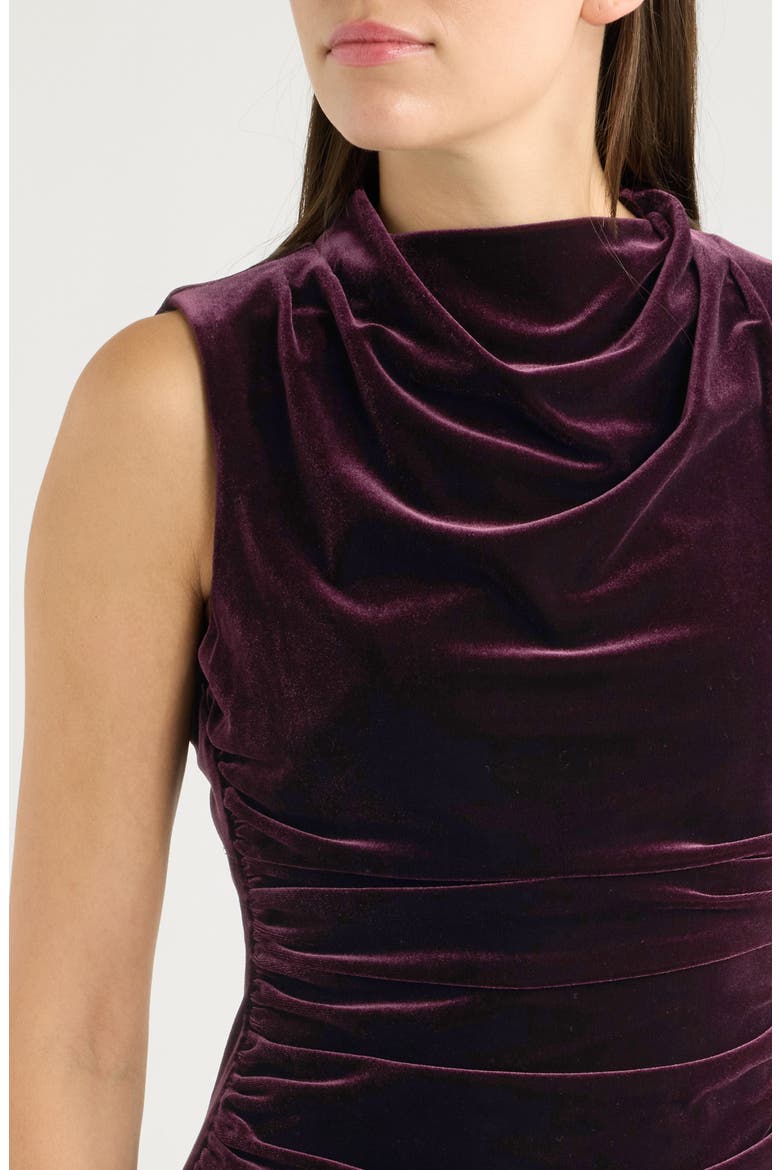 High Cowl Neck Ruched Velvet Sheath Midi Dress, Alternate, color, MAR