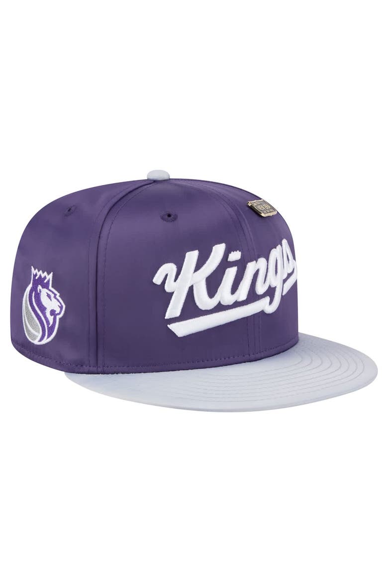 Men's New Era  Purple/Gray Sacramento Kings Throwback Satin Vintage Pin Two-Tone 59FIFTY Fitted Hat, Alternate, color, Purple