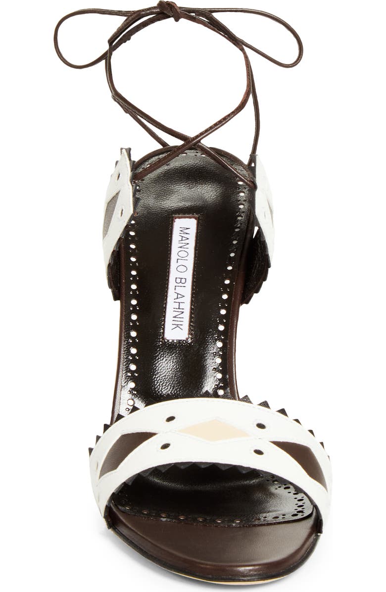 Manolo Blahnik Renti Ankle Tie Sandal, Alternate, color, Dark Brown/ White