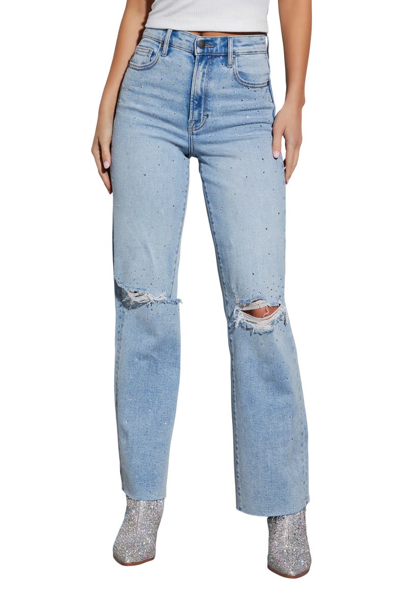 Wilda Icon Diamonte Ripped Straight Leg Jeans, Main, color, LIGHT WASH