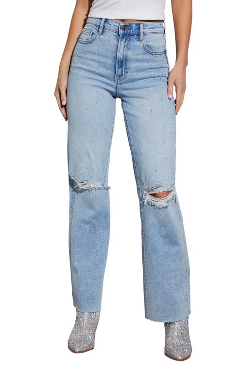 VICI Collection Wilda Icon Diamonte Ripped Straight Leg Jeans in Light Wash 