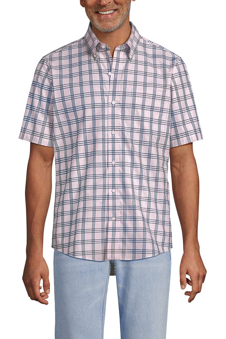 Short Sleeve No Iron Twill Shirt, Main, color, Sea Salt Pink/Navy Plaid