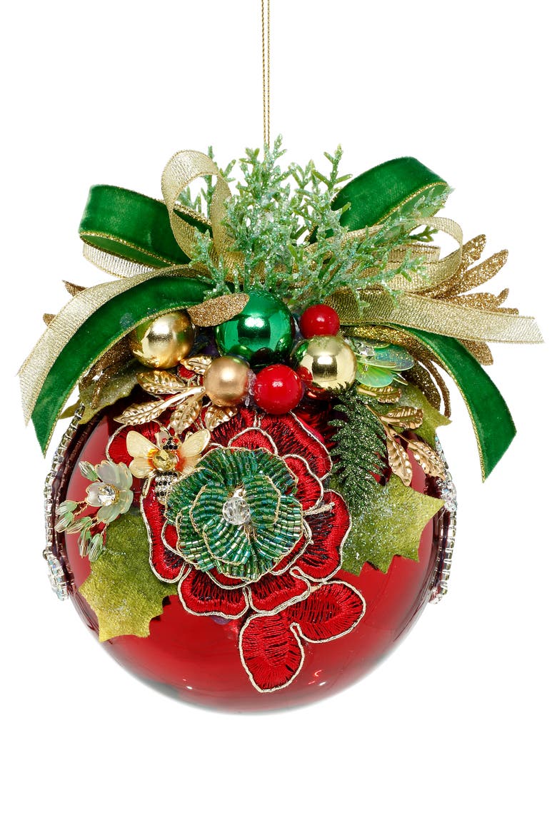 Floral Jeweled Ball Ornament, Shiny, Red, Main, color, Red