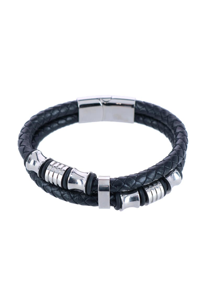 Loose Fit Silver and Leather 2 Band Secure Clasp Leather Bracelet, Main, color, Black And Silver