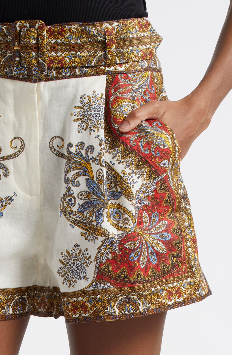 Veronica Beard Hobbes Printed Belted Linen Shorts, Alternate, color, Dove Red Multi